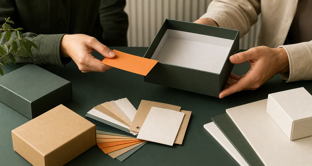 Packaging buyer and supplier reviewing a rigid box and paper samples