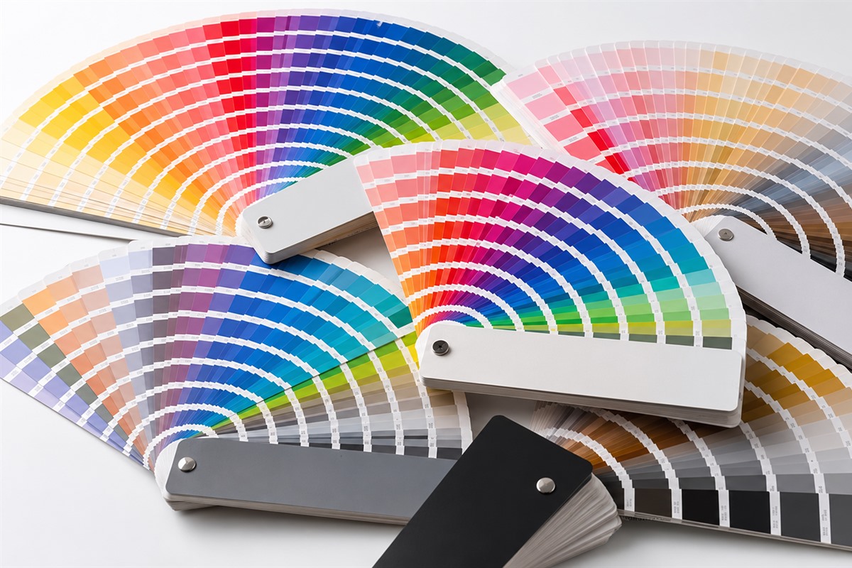 Pantone color fans used to compare printed packaging colors