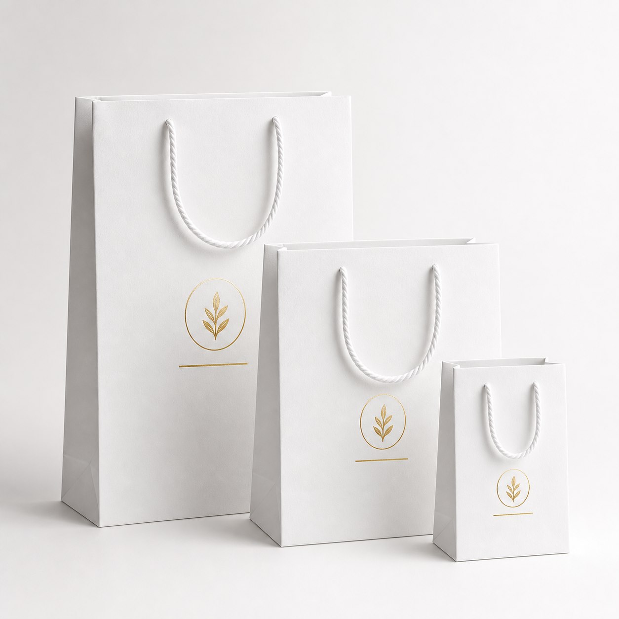 White custom paper shopping bags with rope handles and gold logo detail