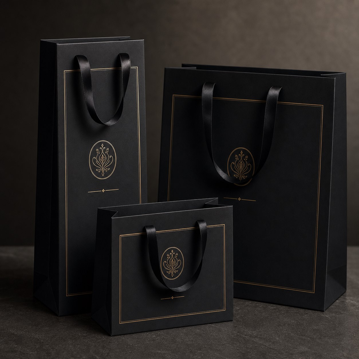 Black luxury paper gift bags with ribbon handles and gold foil detail